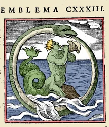 トリトンとウロボロス、アンドレア・アルシアティのイラスト「Emblemata」（Emblematum libellus）（カラーリトグラフ版
