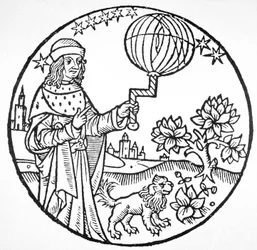 アリストテレス（紀元前384〜322年）の理想的な肖像画、「Aristoteles cum Leonardi Aretini Commentariis」（1516年、ヴェネツィア）の挿絵のコピー、19世紀後半に出版された「魔術の歴史」に使用された（木版画