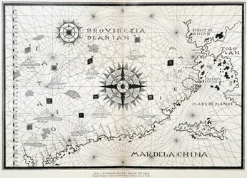 ベニスの市立博物館の図書館に保存されているオリジナルに基づく、16 世紀の地図帳のコンパスソールの地図