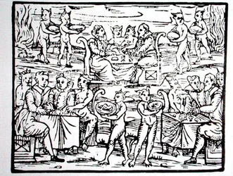 魔術師の饗宴、19 世紀後半に出版された「魔法の歴史」で使用された、ミラノ 1608 年、Fr M Guaccius による「Compendium Maleticarum」のイラストのコピー（木版画）