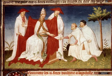マルコ・ポーロ（1254-1324）の叔父と父であるニコロとマッテオ・ポーロ兄弟が、クビライ（クビライ・ハン、モンゴル元朝の初代皇帝（1215-1294））からの手紙を教皇グレゴワール10世に手渡した。 不思議の書」（「世界の工夫」）から抜粋したミニチュア。