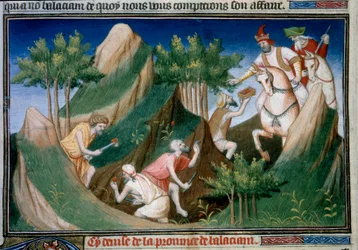 バダフチャン王の命令によるシギナン山からのルビーの採取（ペルシャ地方 マルコ・ポーロ（1254-1324）の「不思議の書」（「世界の冒険」、「イル・ミリオーネ」）から引用されたミニチュアを、マスター・オブ・ザ・イヤーが描いたもの。