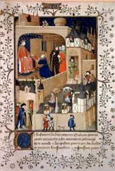 政治的冒険家ピーター・ザ・フルティエ・ディ・サルモンは、シャルル6世（1368-1422）に原稿を提供した。ピエール・サルモンの「シャルル6世への回答と嘆き」のミニチュアが、ブシコー（15世紀）の工房で光を当てたもの 1409 P
