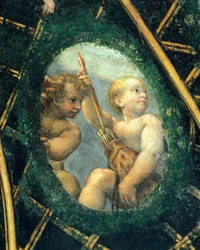 アントニオ・アレグリ・ダ・コレッジョ（1489-1534）によるフレスコ画「ケルブのある卵形」 イタリア、パルマのサン・パオロ修道院の修道院長の部屋