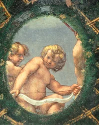アントニオ・アレグリ・ダ・コレッジョ（1489-1534）によるフレスコ画「ケルブのある卵形」 イタリア、パルマのサン・パオロ修道院の修道院長の部屋