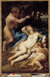 ヴィーナス、サテュロス、キューピッド アントニオ・アレグリ(dit Correggio ou Le Correge 1489-1534)の絵画 1525年 Sun.1,88x1,25 m