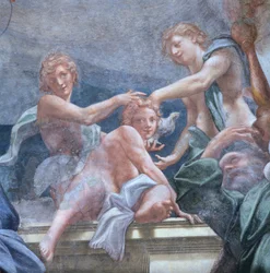 バルコニーの若者たち アントニオ・アレグリ・ダ・コレッジョ（1489-1534）作 イタリア、パルマ大聖堂クーポラのフレスコ画の詳細