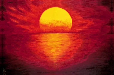 海辺の燃えるような夕日