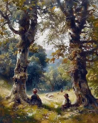 森の木の下に座る子供たち、モダンな壁飾り