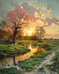 夕暮れ時の美しい風景、壁の装飾のためのキャンバス モダンな風景
