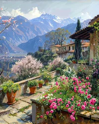 春の花々に囲まれた山間の美しい村