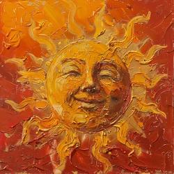 赤とベールの背景に描かれたぽっちゃりした太陽、キャンバスアートプリント