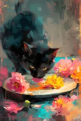 花の皿の上で食事する黒猫, 印象派の絵画, オンライン・アートプリント
