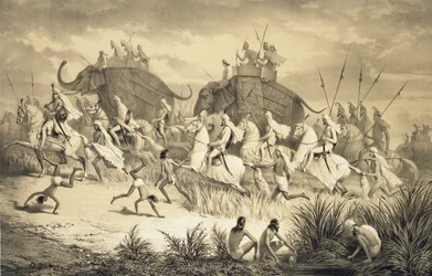 ルイ・アンリ・ド・ラダー（1807-81）のパブによって彫刻された、「インドへの航海」からの象に乗ったシーク教徒の酋長の騎兵隊。 ロンドンで