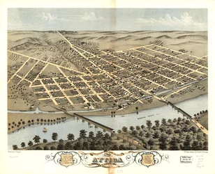 1869年、インディアナ州ファウンテン郡アッティカ市の鳥瞰図。LOC 73693378