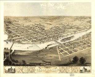 1868年、アイオワ州リン郡シーダーラピッズ市とキングストンの鳥瞰図。LOC 73693391