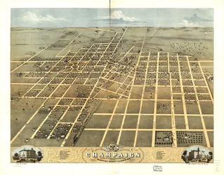 1869年、イリノイ州シャンペーン郡、シャンペーン市の鳥瞰図。LOC 73693348