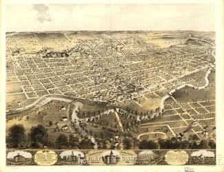1868年、インディアナ州フォートウェイン市の鳥瞰図。LOC 73693381