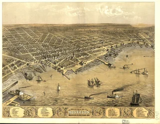 マスキーゴン市の鳥瞰図、1868 年ミシガン州マスキーゴン社。