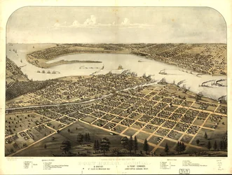 ポート・ヒューロン市、サーニア＆グラティオット（ミシガン州セント・クレア）1867年、ポイント・エドワーズ（カナダ・ラムトン）西の鳥瞰図。LOC 73693443