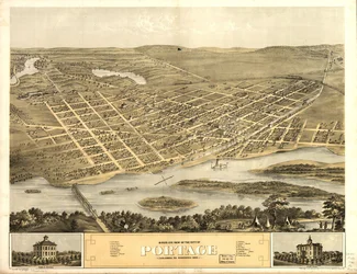 1868年、ウィスコンシン州コロンビア郡ポーテージ市の鳥瞰図。LOC 73694548