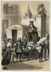 マリー・ド・ラブタン・シャンタル（ラブタン・シャンタル）、セヴィーニュ侯爵夫人（1626-1696）が、フランスの文法学者であり作家であるジル・メナージュ（1613-1692）を馬車に乗せる。A.Duruyによる「Illustrations litteraires de la France; or...」の版画。