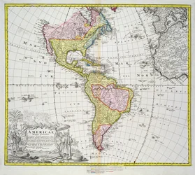 アメリカ大陸の地図、ホーマン発行、1746年（カラー彫刻）