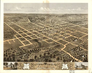 1869年、ミズーリ州ブーン郡コロンビア市の鳥瞰図。LOC 73693473