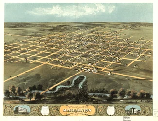 アイオワ州マーシャルタウン市の鳥瞰図（1868年）。LOC 73693402