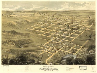 1869年、ミズーリ州キャス郡プレザント・ヒル市の鳥瞰図。LOC 73693487