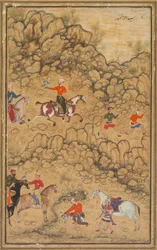 風景の中のハヤブサとの狩猟、Verso：Chaghataiトルコの詩の書道...、c。 1558-60。