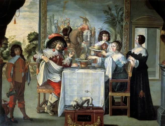 アブラハム・ボッセ（1602-1676）の版画をコピーした匿名の画家による五感・味覚、油彩・キャンバス - 「五感・味覚」 美しい貴族の家で、メロンやアーティチョークなどの上品な料理を味わう場面。アブラハム・ボッセの絵画（1602年