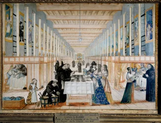 アンヌ・ドートリッシュ（1601年～1666年）、スペインのインファンテ、フランスとナヴァーラの女王が訪れた際のパリのシャリテ診療所の風景 後に王となるイルカのルイ14世も描かれている