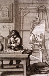 芸術家の見習いが彫刻版を掃除する、 &39;Recueil de Figure ...&39;から、1737