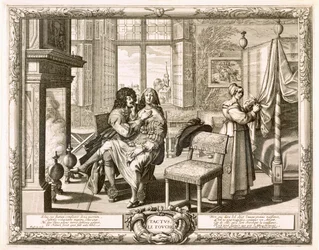 暖炉のそばで膝を立てて座る妻を持つ夫、Bosse, Abraham (1602-76)