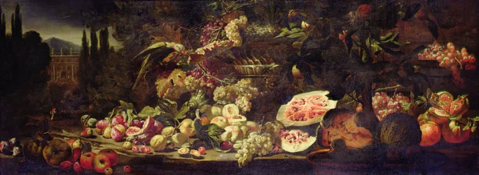 緑のオウムと銀の花瓶と果物の静物画