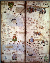 地図製作：中国のモンゴル時代の古名であるキャセイ（カタイ）の中央アジアおよびヨーロッパの地図。デリー（インド）、アラル海、ヴォルガ川、カスピ海、コーカサス、ユーフラテス川、アラビア半島、デリー（インド）の都市（t付き）が描かれている
