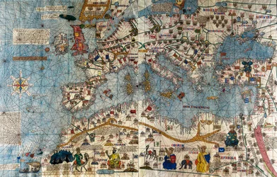 大西洋と地中海のあるヨーロッパ大陸のカタロニア語の地図