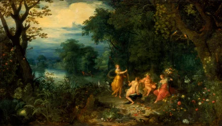 木のある風景、ダイアナは前景でニンフ、シレヌスとセレスにウサギを提供します、c1614