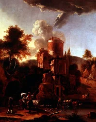 廃墟のあるイタリアの風景
