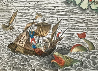 海の怪物に襲われる船（アブラハム・オルテリウス作『Typus orbis terrarum』より
