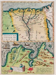 Aegypti Recentior Descriptio.- Carthaginis Celeberrimi Sinus Typus.アブラハム・オルテリウスの "Theatrum Orbis Terrarum "からナイル川沿いの都市とカルタゴ（チュニジア）を含むエジプトの地理地図（Oertel, Ortell or Ortel