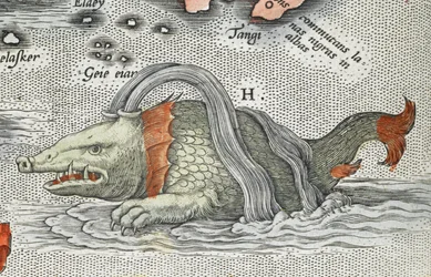 「Typus orbis terrarum」からの海の怪物の詳細 (アルバムのメイン タイトル、90 のマップを含む)