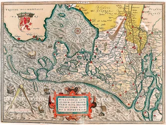 Hollandiae antiquorum catthorum sedis nova descriptio, auctore lacobo a daventria アムステルダムとハールレムの都市を含むオランダ領土の地理地図...アブラハム・オルテリウス（Oertel, Ortell or Orte）の「Theatrum Orbis Terrarum」から引用。