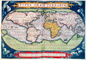 世界地図: オルテリウスの「アメリカの新世界」より「Typus Orbis Terrarum」