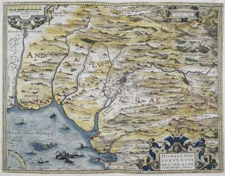 ORTELIUS, Abraham (1527-1598).Theatrum Orbis Terrarum.1570.最初の近代的地図帳とされる。CHAVES, Jeronimo de (1523-1574)。数学者、天文学者、航海士。アンダルシア西部の地図。ヒエロニムス・キアヴェスの地図に基づく。
