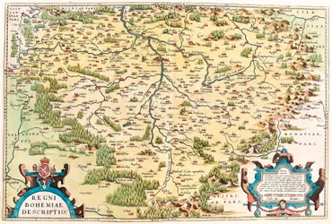 Regni Bohemiae Descriptio Abraham Orteliusの "Theatrum Orbis Terrarum "からのボヘミア領土の地理地図（Oertel, Ortell or Ortel）。