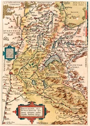 Sabaudia et Burgundiae Comitus 説明 アブラハム・オルテリウス（Oertel, Ortell or Ortel）の『Theatrum Orbis Terrarum』に掲載されたブルゴーニュとサヴォイの領土（ポンタリエ、ディジョン、レーマン湖、スイス）の地理地図です。