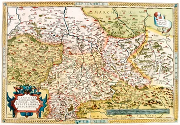 Saxoniae, Misniae, Thuringiae, Nova Accurssimaque Descriptio アブラハム・オルテリウス（Oertel, Ortell or Ortel）の「Theatrum Orbis Terrarum」から、ドイツのザクセン州、チューリンゲン州の領土を描いた地理図です。