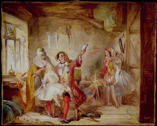 シアターロイヤルの舞台裏で、おそらくIra Frederick Aldridge（1807-67）がオセロのリハーサル（1862年）を描いたところを描いている